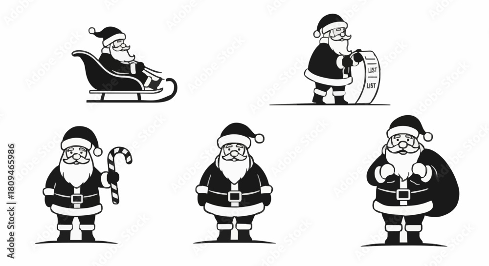 Fototapeta premium Set of five black and white illustrations of Santa Claus in different poses and with various festive items, perfect for holiday designs