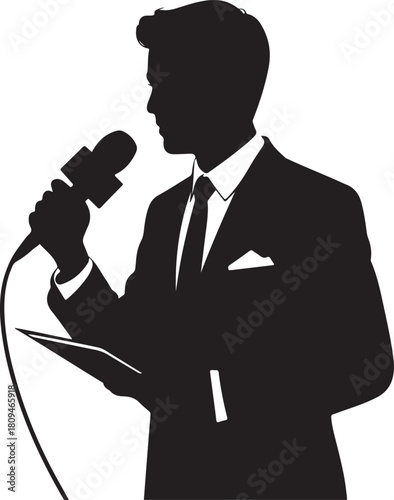 Silhouette of a man in a suit speaking into a microphone holding a paper
