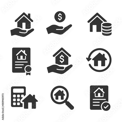 Real estate icons: house, money, contract, calculator, search, exchange symbols.