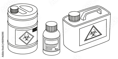 Three containers display biohazard symbols, indicating dangerous substances.