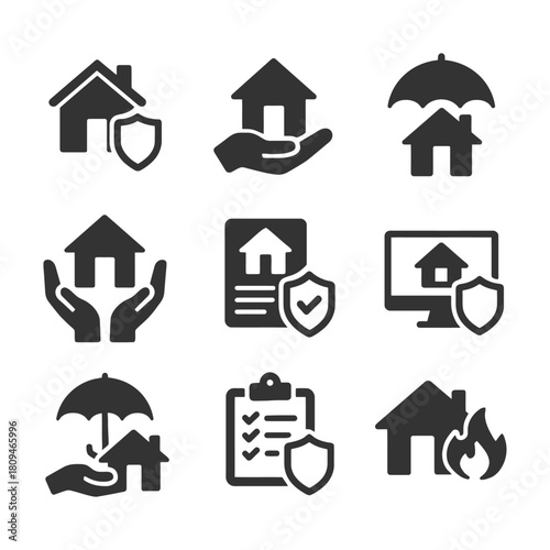 Home insurance icons: protection, safety, security symbols for real estate.