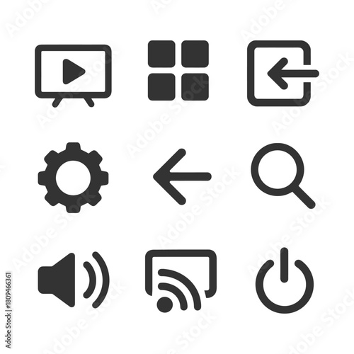 Set of black minimalist interface icons for multimedia and applications.