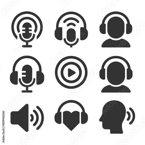 Podcast and audio icons set with microphones and headphones.