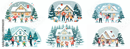 small family playing snowballs in the snowy yard. Vektor, design, minimalist, illustrations, set icon