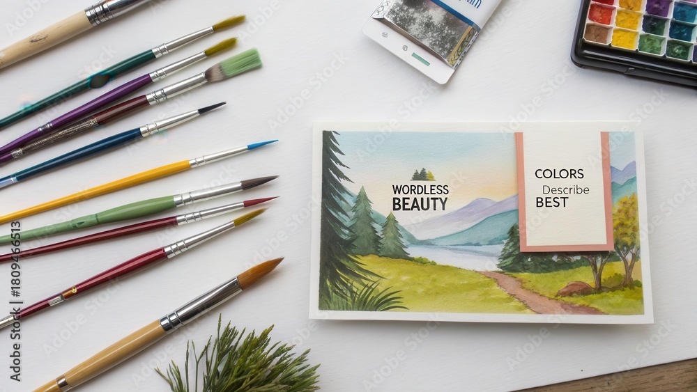 Obraz premium Watercolor brushes placed beside a printed landscape artwork