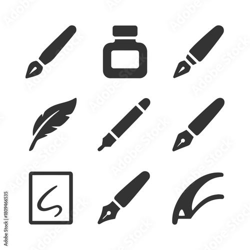 Collection of writing and drawing tools icons in black silhouette style.