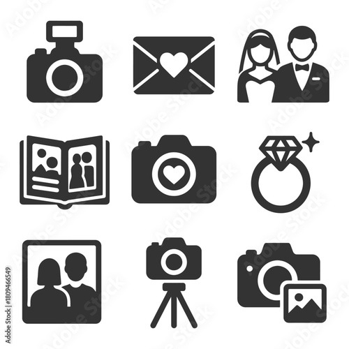 Wedding photography icons set including cameras, couple, and ring.