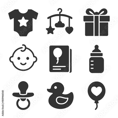 Baby icons set: onesie, toys, gift box, bottle, and more in bold design.