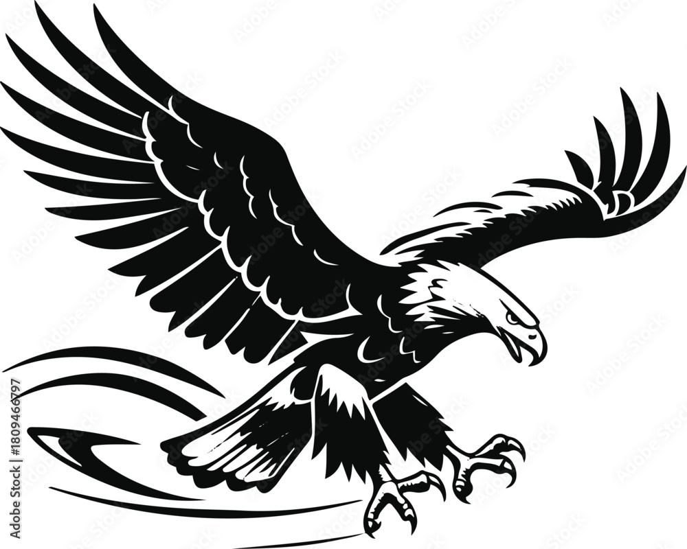 Fototapeta premium Eagle swooping downward, dynamic motion lines, minimalist vector outline on white background