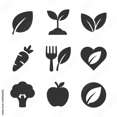 Sustainable agriculture icons: leaf, plant, vegetable, organic symbols.