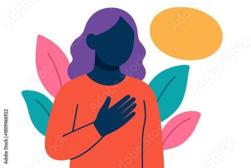 Woman with purple hair placing hand on heart in nature scene feel difference