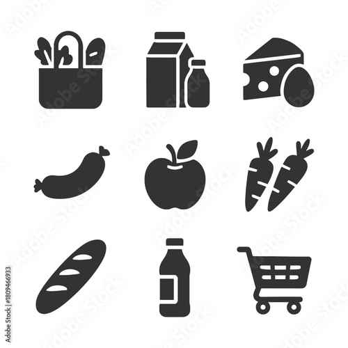Grocery icons: fruits, dairy, bread, meat, vegetables, shopping cart.