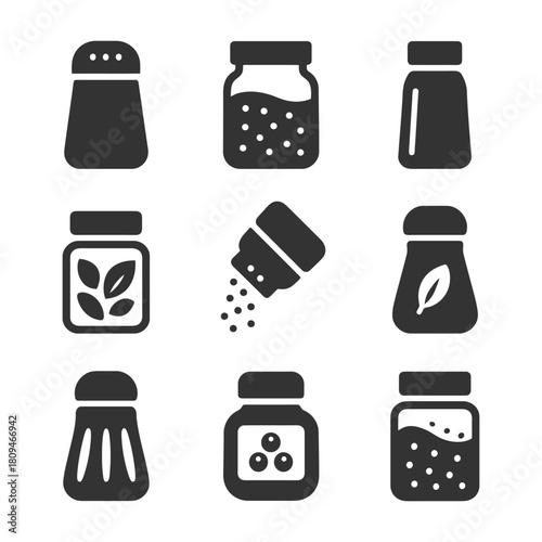 Collection of spice and seasoning jar icons in black and white design.