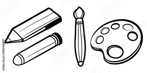 Art supplies including a pencil, crayon, paintbrush, and paint palette are arranged for creative use.