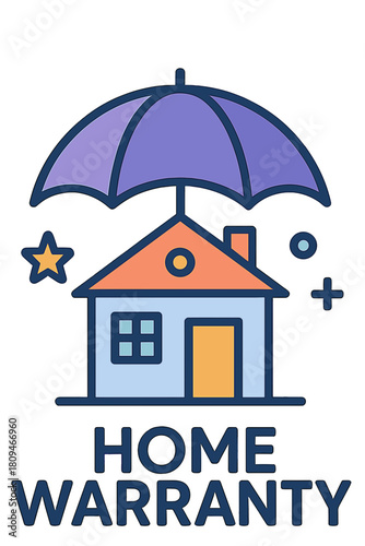 Home warranty symbol featuring house under umbrella with stars