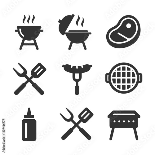 Barbecue icons set: grill, meat, sausage, utensils, ketchup bottle.