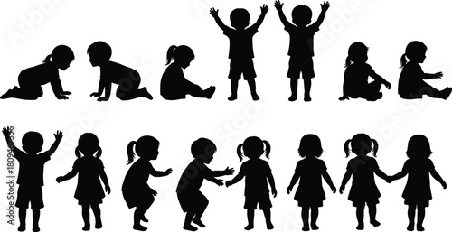 Silhouette collection of children in various playful poses, crawling, sitting, standing, walking, holding hands, adorable kid vector illustration set for creative design use