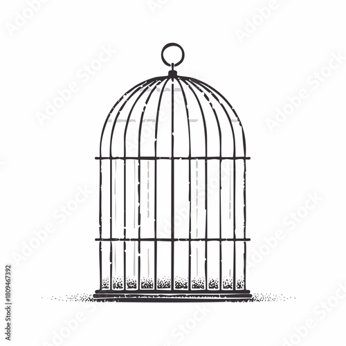 Empty bird cage illustration with vintage halftone stipple effect. Grunge punk collage design element inspired by retro grungy aesthetics. 