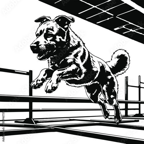 Dog jumping over hurdle in training center, clean black contour drawing, white background, vector line art 2