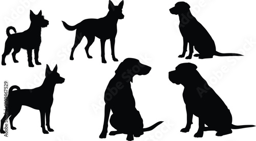 Silhouette collection of diverse dog breeds in standing and sitting poses, detailed vector animal shapes ideal for pet graphics, design projects, and illustrations