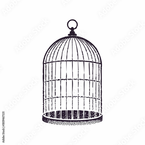 Empty bird cage illustration with vintage halftone stipple effect. Grunge punk collage design element inspired by retro grungy aesthetics. 