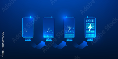 Battery Charging Status Background, Digital Power Level Indicator, Clean Electricity Storage Technology, Renewable Energy Backup System, Futuristic Battery Percentage Display,Green Energy Illustration