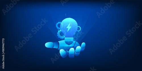 Autonomous AGI Robot Hand Holding Light Bulb, Artificial Intelligence Creativity Concept, Driven AI Innovation, Generative Idea Creation, Futuristic Machine Learning Technology Background Illustration