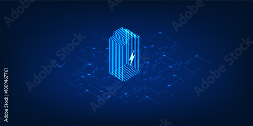 Technology Battery Charging Process Background, Clean Power Storage System, Renewable Energy Backup, Digital Battery Cells, Sustainable Electricity Concept, Future Green Energy Tech Illustration