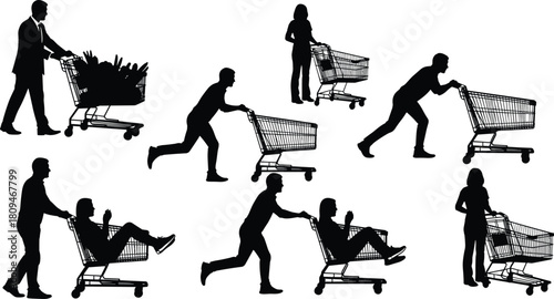 WebSilhouette collection of people pushing and riding shopping carts, dynamic supermarket scenes ideal for retail concepts, consumer behavior illustrations, market shopping design projects
