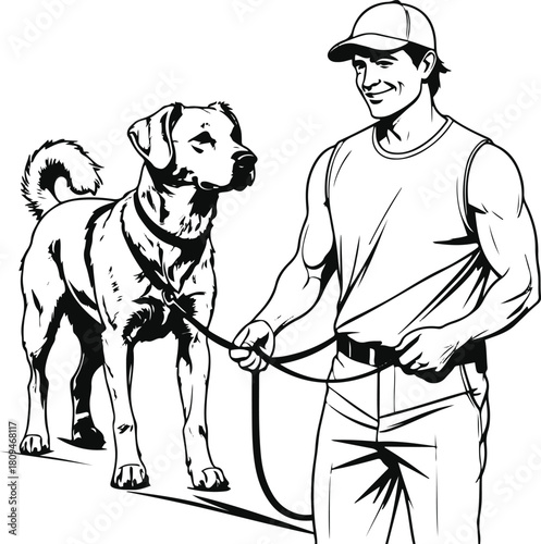 Dog walking on leash during training, handler beside, simple clean vector line illustration 2