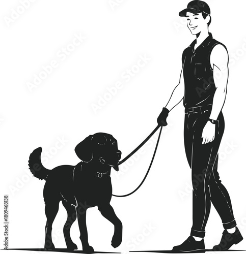Dog walking on leash during training, handler beside, simple clean vector line illustration 1