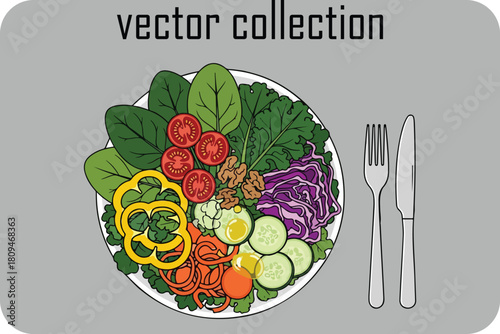 Vibrant fresh vegetable salad bowl with utensils a healthy and delicious meal illustration