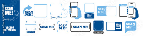 QR code set for smartphone scan me icons, barcode payment elements and mobile app design on transparent background
