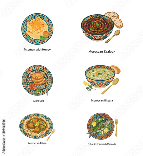 Six traditional Maghrebi foods - Msemen Zaalouk Makouda Bissara Rfissa snd Chermoula
