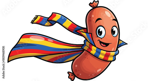 Cheerful sausage cartoon character sporting a colorful scarf, perfect for fun designs 