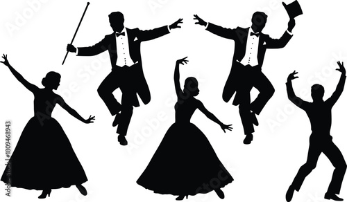Elegant ballroom dancers and classic performers in dynamic silhouette poses