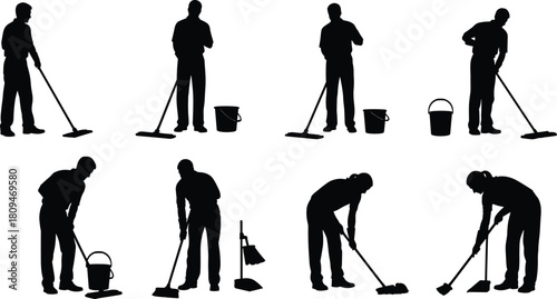 WebSilhouette illustration of cleaning workers mopping floors and handling janitorial tools,