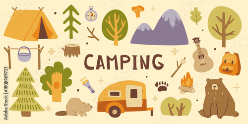 Camping doodle set. Forest expedition collection for kids. Cartoon camping bundle.