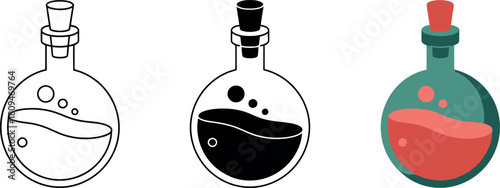 Potion illustration set with round flask for game design and magical concepts
