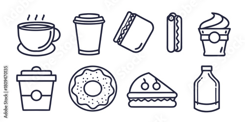 A collection of stylized icons representing various food and drink items.