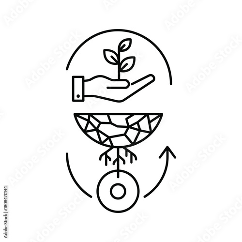 Hand holding plant over cracked earth with roots and circular arrow icon