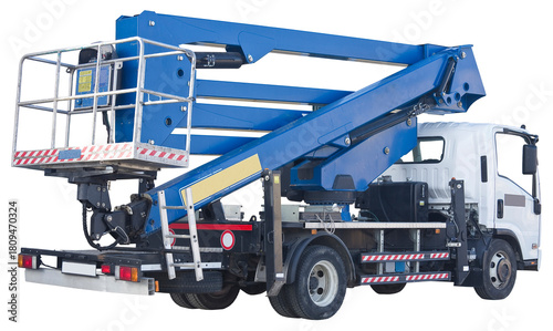 Aerial mechanical platform with protective basket for working at heights - concept isolated on white for easy selection