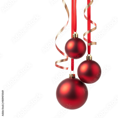 red hanging christmas balls decoration with gift ribbon band isolated on white or transparent png