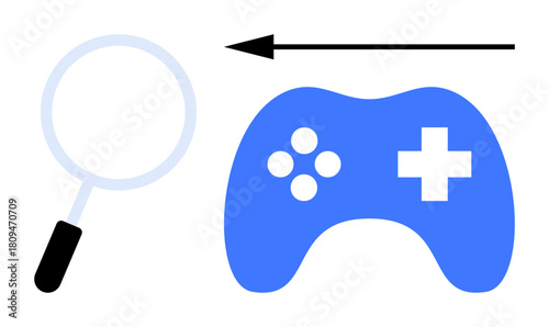 Gaming research concept. A magnifying glass and game controller depict exploration of gaming trends, analytics, and audience preferences. For gaming industry, eSports, data analytics, market