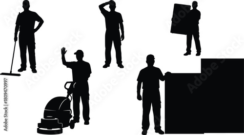 Silhouette collection of janitor and worker poses, cleaning staff operating equipment, carrying items, professional maintenance vector illustration set for facility service designs
