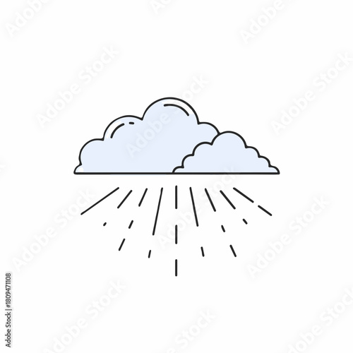 Minimalist rain cloud illustration, showing rain pouring from fluffy clouds, representing weather conditions. Rain cloud is icon, simple graphic, linear design is cute, and appealing.