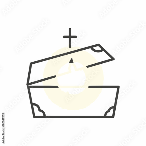 Open coffin in simple line drawing on plain white background, an open coffin emphasizing solemnity, mourning, and final farewells. Design open coffin for funeral services, commemoration events,