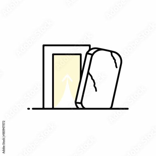 Tombstone illustration with an open door emitting light. Tombstone marks solemn space next to an opening, showing afterlife hope, symbolizing memory. Concept tombstone,