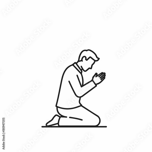 Praying man kneels in devotion, expressing faith and seeking spiritual guidance. Praying position symbolizes humility and surrender, reflecting need for hope and strength in difficult times.