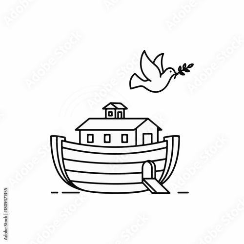 Noah's ark illustration featuring white dove carrying olive branch in the air, graphic depiction of biblical vessel. Noah's ark for religious education and study of faith traditions.